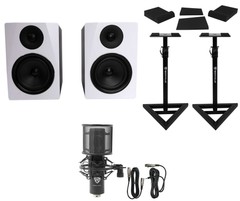 (2) Rockville APM6W 6.5″ Powered USB Studio Monitors+Stands+Pads+Condenser Mic