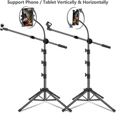 Mic Stand Microphone Floor Boom with Tablet Phone Holder Height Adjustable Clips
