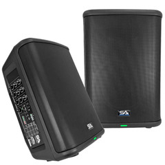 Pair of Powered 8 Inch Portable Compact PA Speakers w Rechargeable Battery
