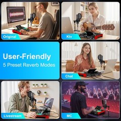 Podcast Microphone Bundle with Live Sound Board Audio Mixer, Black+Red