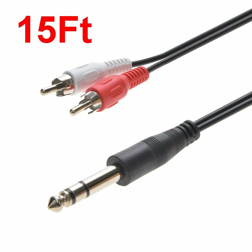 15FT 1/4″ (6.35mm) Stereo Male to 2-RCA L+R Male Plug Dj Guitar Cable Audio Cord