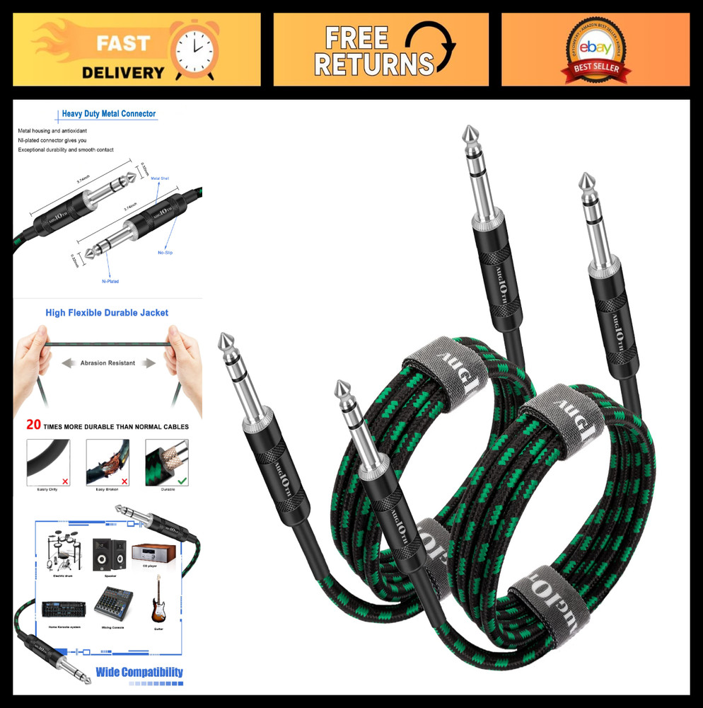 10ft 1/4 TRS to TRS Cable 2-Pack | Green Braided Stereo Male Connector for Mixer