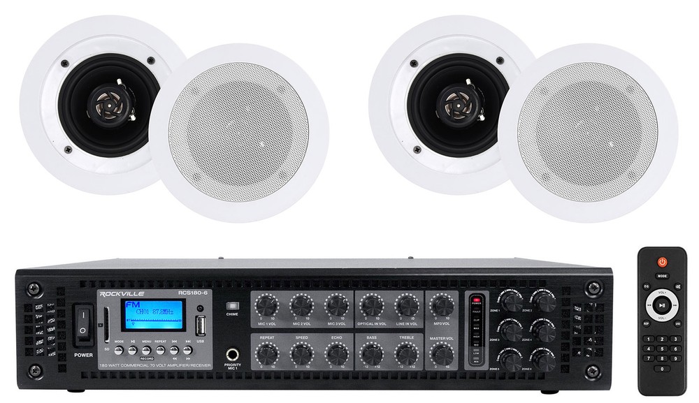 Rockville RCS180-6 70v Commercial Amplifier w/Bluetooth+(4) 4″ Speakers in White