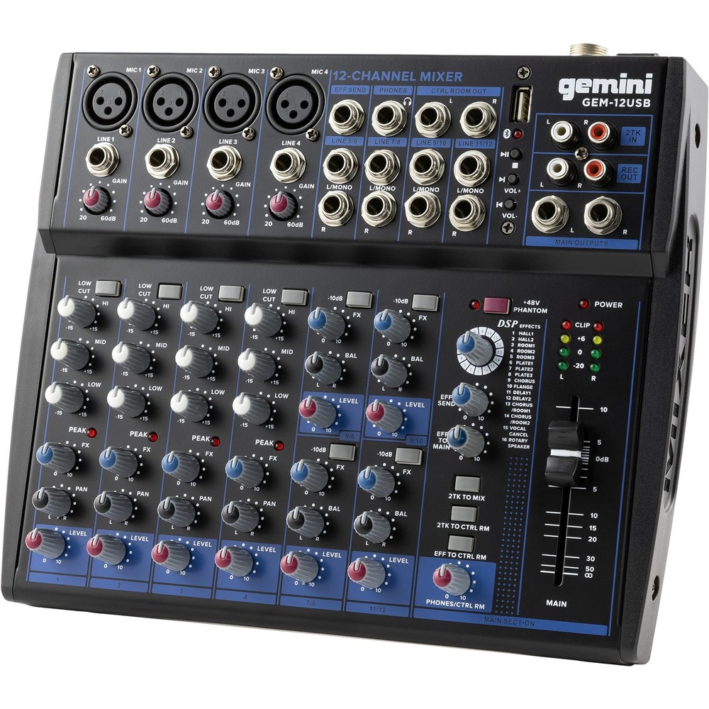 Gemini 12-Channel DJ Audio Mixer with Multi-FX, USB, EQ & Phantom Power – Studio