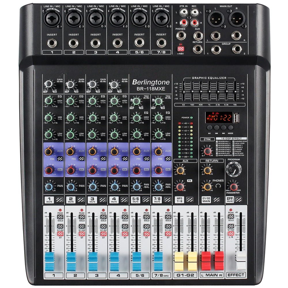 Berlingtone BR-118MX, Professional 8 – Channel Bluetooth Studio Audio Mixer, USB