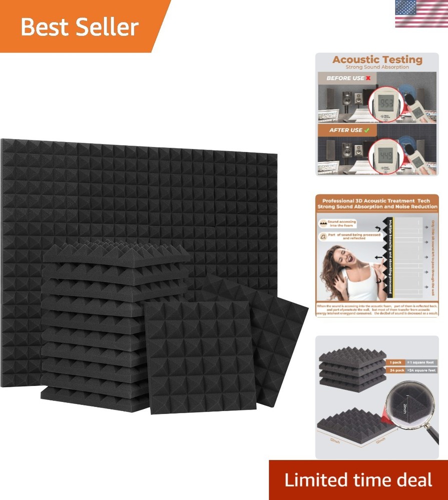 24 Pack 12“ x 12“ Pyramid Acoustic Foam Panels – High Density & Fire Resistant