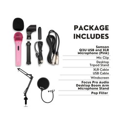 Samson Q2U USB and XLR Pink Microphone and Boom Arm Microphone Stand Bundle