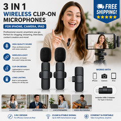 3 in 1 Wireless Clip-on Microphones for iPhone, Camera, Android, iPad