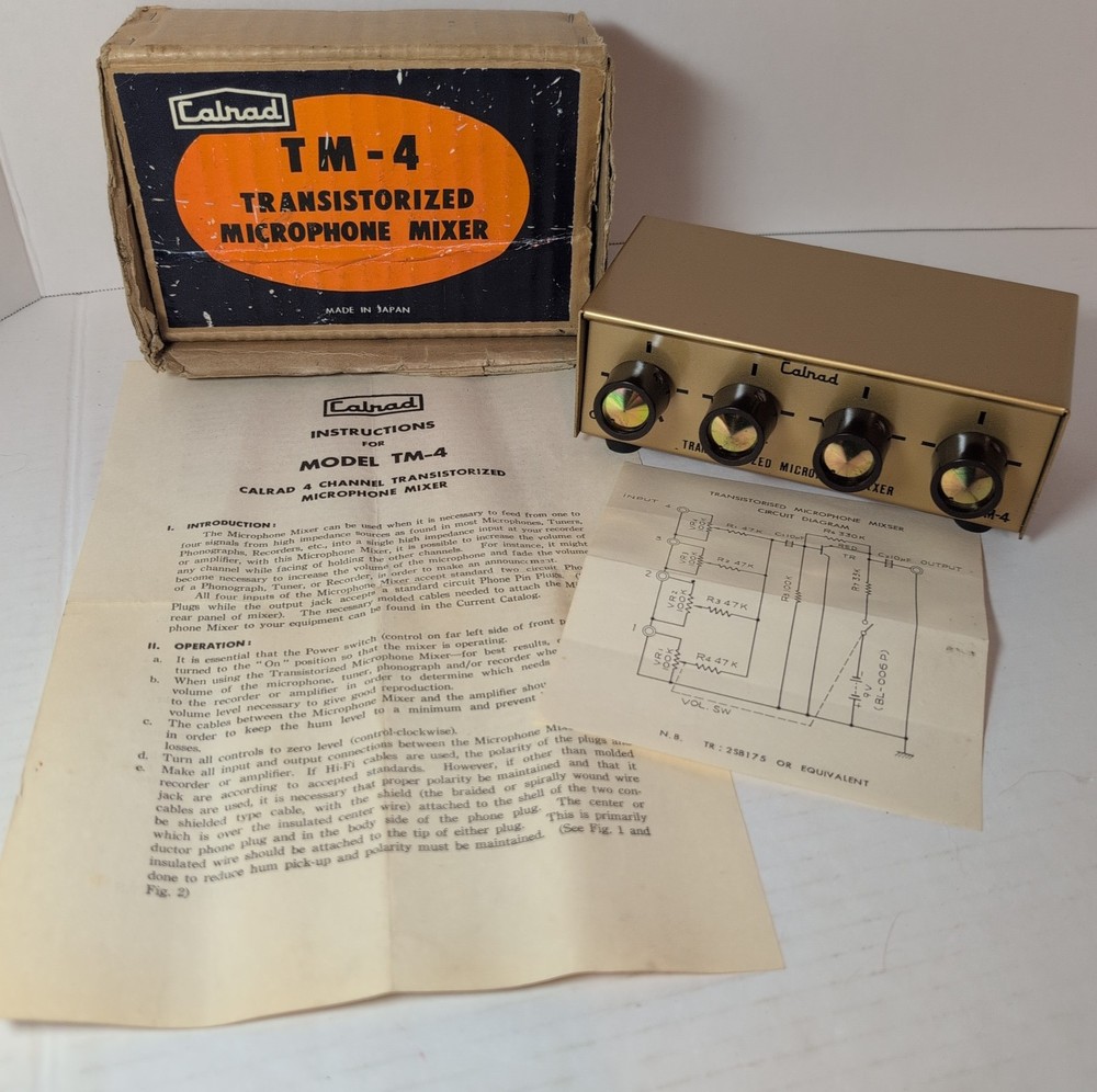 Vtg Calrad TM-4 Transistorized Microphone Mixer 4-Channel w/Box Blueprint Manual