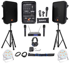 JBL EON208P 8″ Powered Bluetooth Speakes+Mixer+Stands+Wireless Mics+Headphones