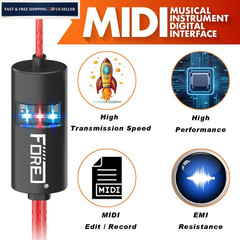 FORE MIDI to USB Interface Compatible with Type-A 6.5ft, Red