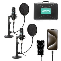 Movo iPhone 15/16 USB-C Podcast Equipment Bundle – 2 Pack Condenser Microphones,