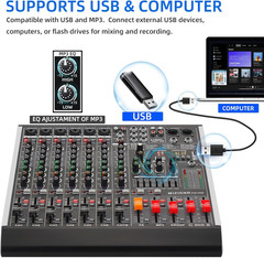 8 Channel Audio Mixer Professional Sound Mixing Board with 99 DSP Effects, 7-Ban
