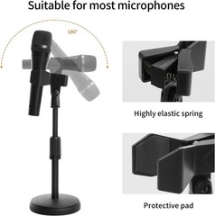 Compact Desk Mic Stand – Adjustable Height 9.6-13.9in, Max 1.7in Diameter, Black