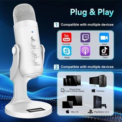 Professional USB Condenser Microphone White for PC Gaming Streaming Podcast