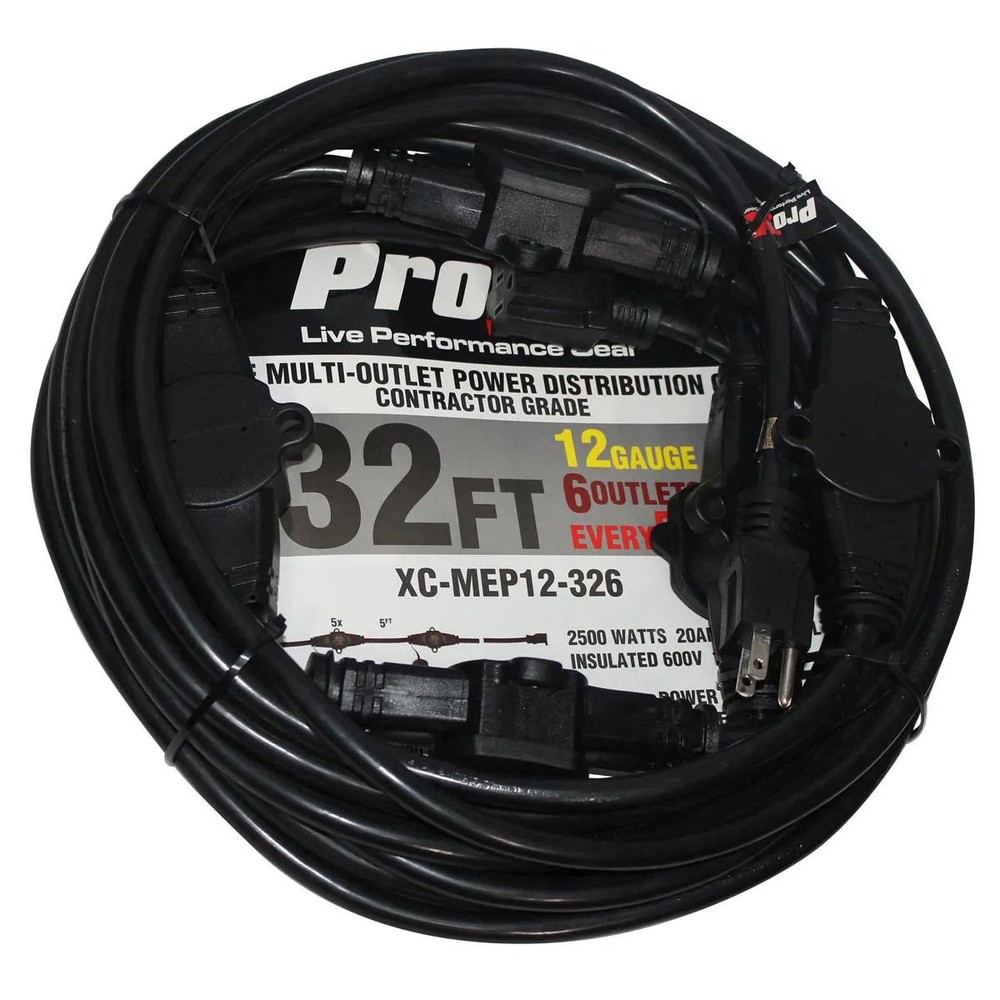 ProX XC-MEP12-326 32′ 110V Male to 6 Socket 110V Female Power Cord 6 Outlet 12/3