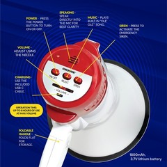 Rechargeable Megaphone Bullhorn Speaker, 1000 Yard Range, Lightweight, Siren