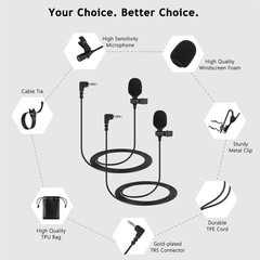 2-Pack Lavalier Microphone Compatible with DJI MIC 2, RODE Mini Size, Black