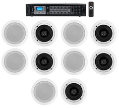 Rockville 6-Zone 70v Amplifier+(10) 5.25″ White 2Way Restaurant Ceiling Speakers