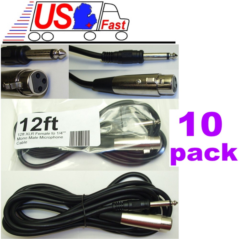 Lot10 12ft XLR~1/4″ Mono Professional Microphone Audio Cable/Cord 3pin~6.3mm TS