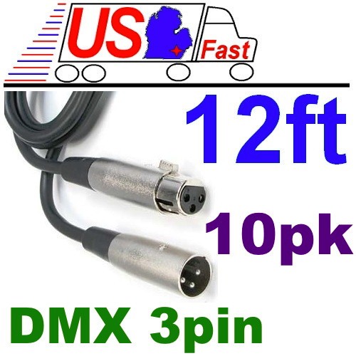 10x/pack 12ft DMX 3Pin Male~Female Cable for DMX512 Light Lighting DJ Stage Data