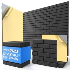 12 Pack Acoustic Panels with Self Adhesive, 12″ X 12″ X 12 Pack Brick Black