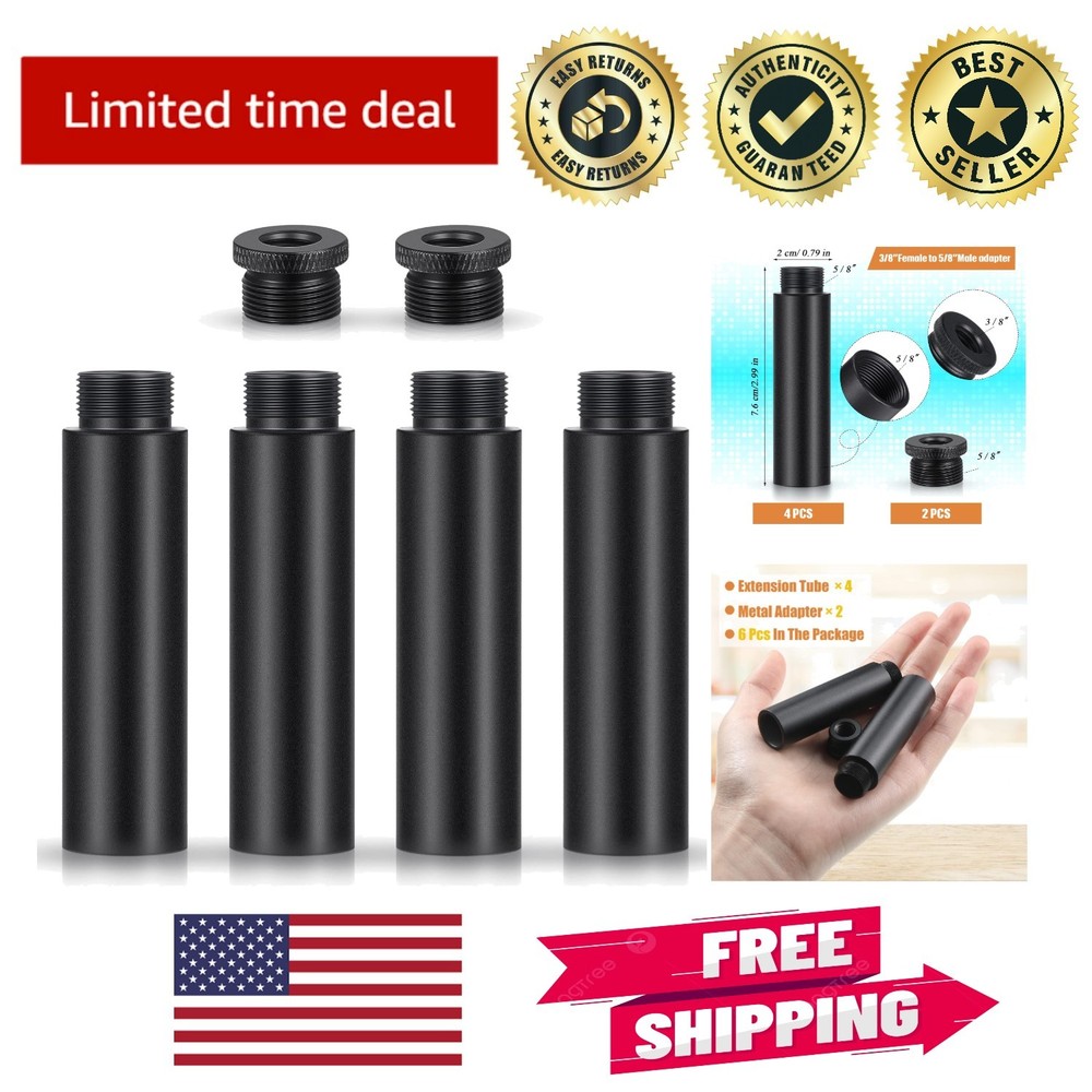 4-Pack Aluminium Mic Stand Extension Tubes with 2 Metal Adapters – Compact Black