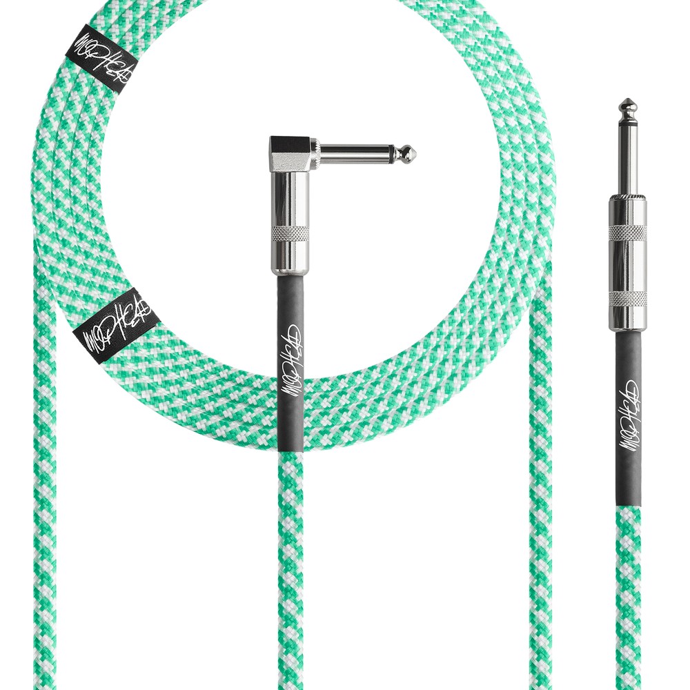 Mophead 15′ Braided 1/4″ TS to 1/4″ TS Guitar Cable Right Angle Green/White