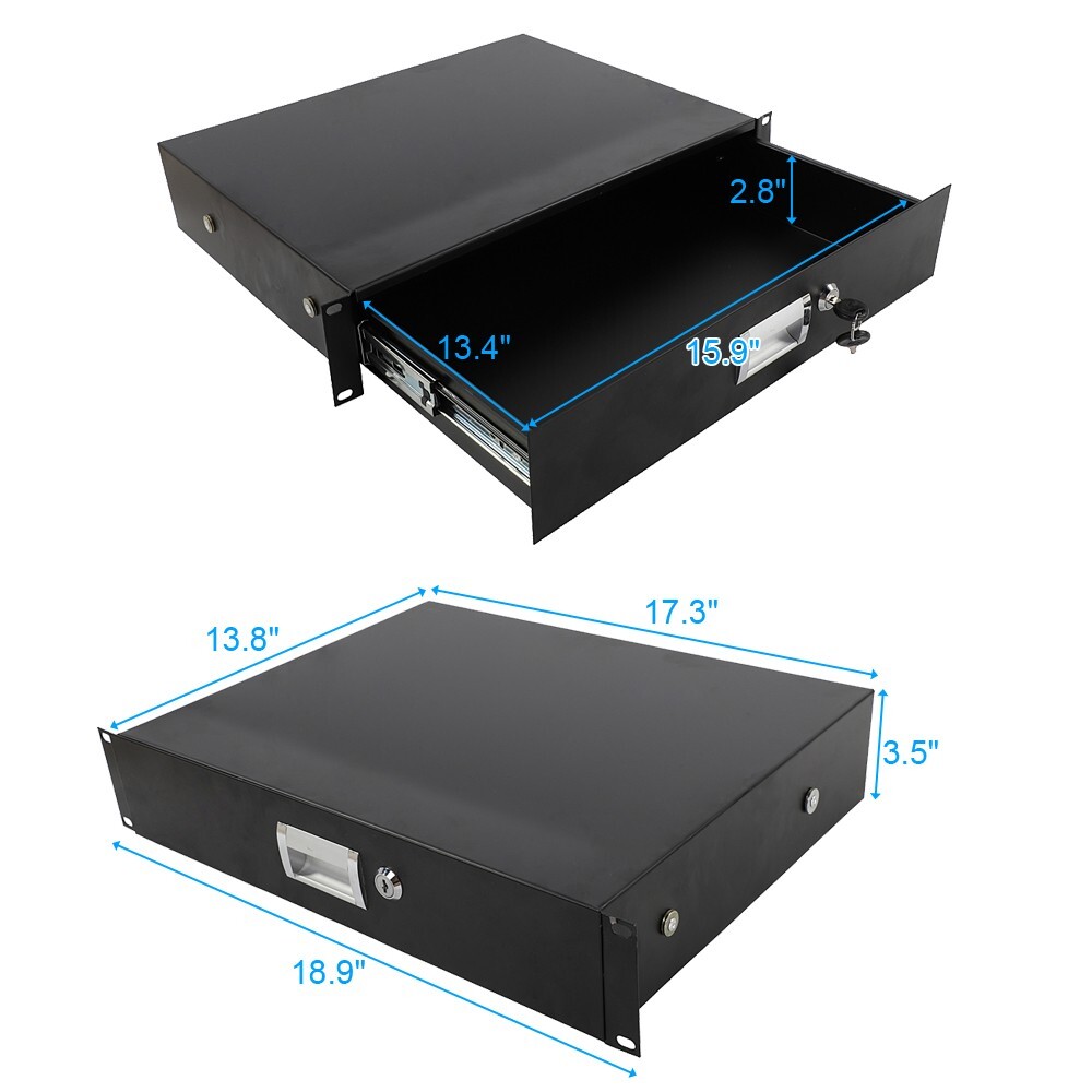 US 2U Heavy-Duty 19″ Steel Lock Locking Deep Rack Mount Drawer DJ Rack Road Case