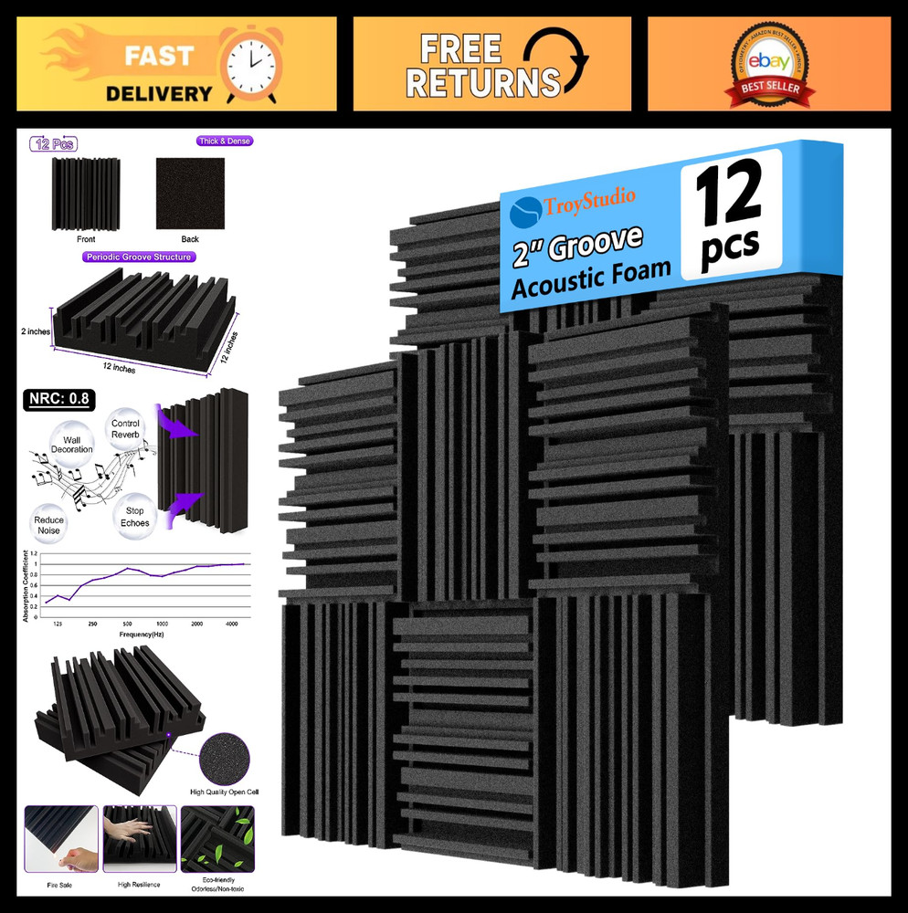 Thick Acoustic Foam Panels 12x12x2 Inch – 12 Pcs Sound Absorbing Tiles for Studi