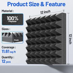 12 Pack Pyramid Sound Proof Foam Panels for Walls with Updated Self-Adhesive 3″X