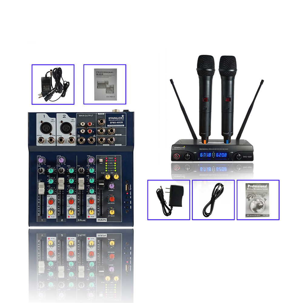4CH Studio Mixing Console USB Audio Party DJ Mixer 2 Channel Microphone System