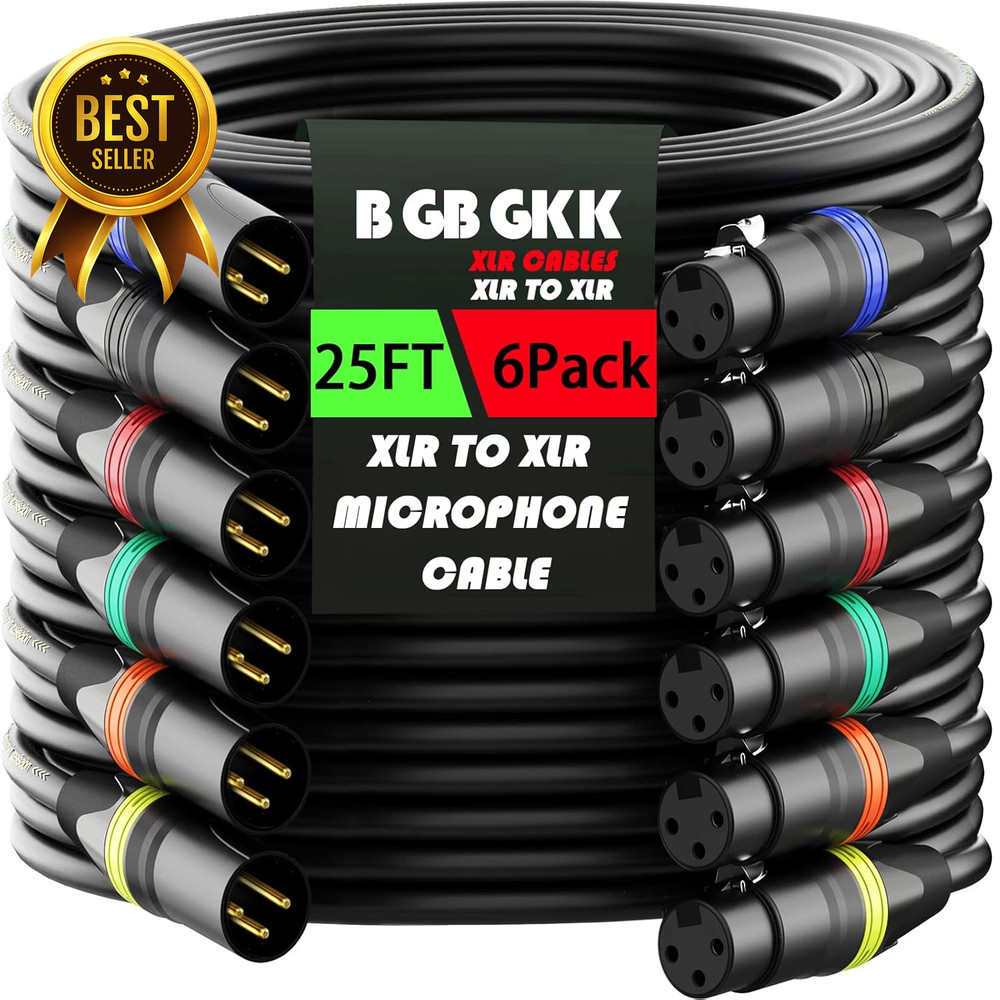 25FT XLR Microphone Cables 6 Pack Gold Plated 3 Pin Multicolor