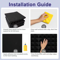 12 In. X 12 In. X 3 In. Black Pyramid-Shaped Foam Acoustic Panels, 12-Pack