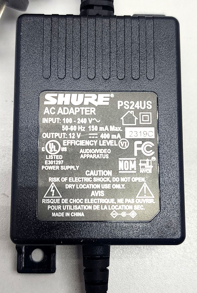 SHURE AC Adapter PS24US 12V–400mA 50-60Hz Power Supply USED