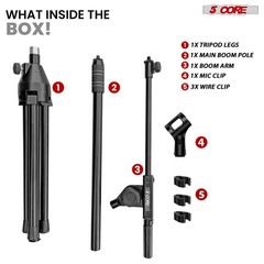 5 Core Microphone Stand 2Pc Floor Adjustable w Telescoping Metal Boom Arm