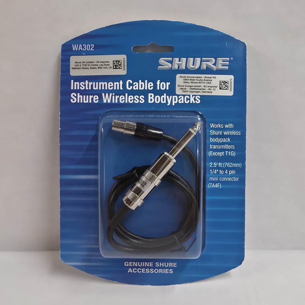 Shure WA302 – 1/4″ to TA4F (2.5′ 1/4″ to 4 pin TA4F) Instrument Cable, NEW