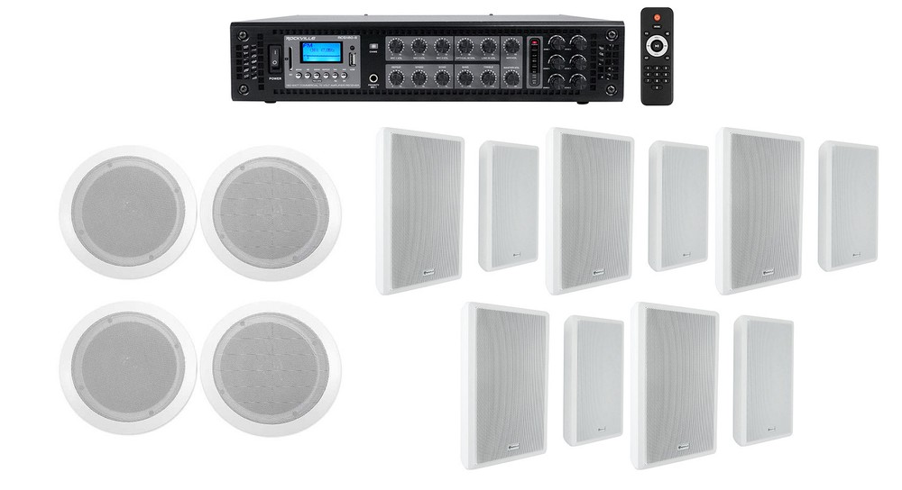 Commerical 6-Zone Amp+(4) 6.5″ White Ceiling+(10) Wall Restaurant/Bar Speakers