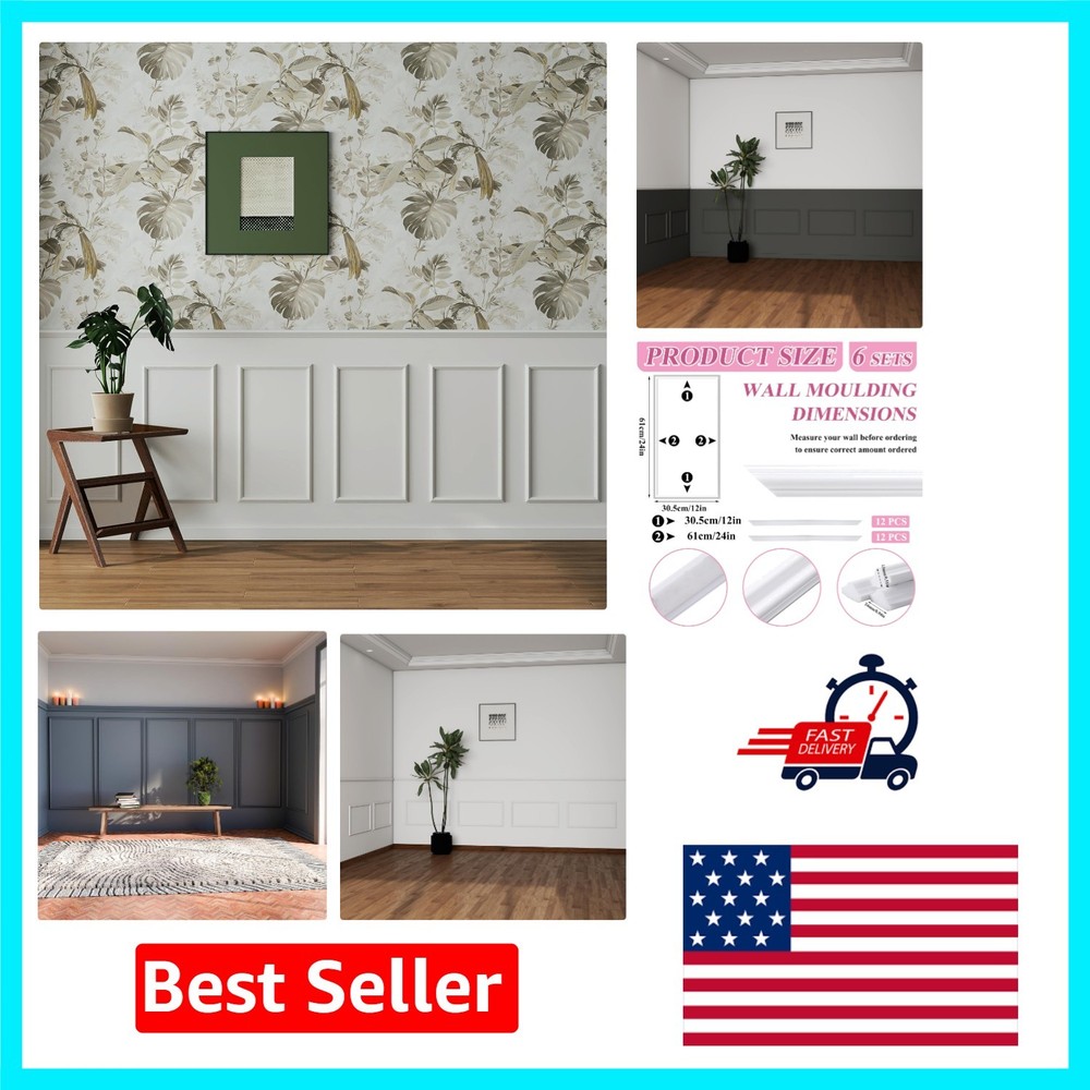 Versatile Wall Molding Kit – 6 Classic Pre-Cut Panels with Self-Adhesive Backing