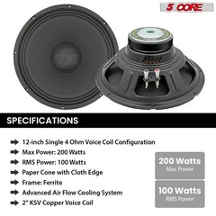 5Core 12 Inch Raw Sub Woofer Home 8 Ohms Woofer Replacement for Audio DJ Speaker