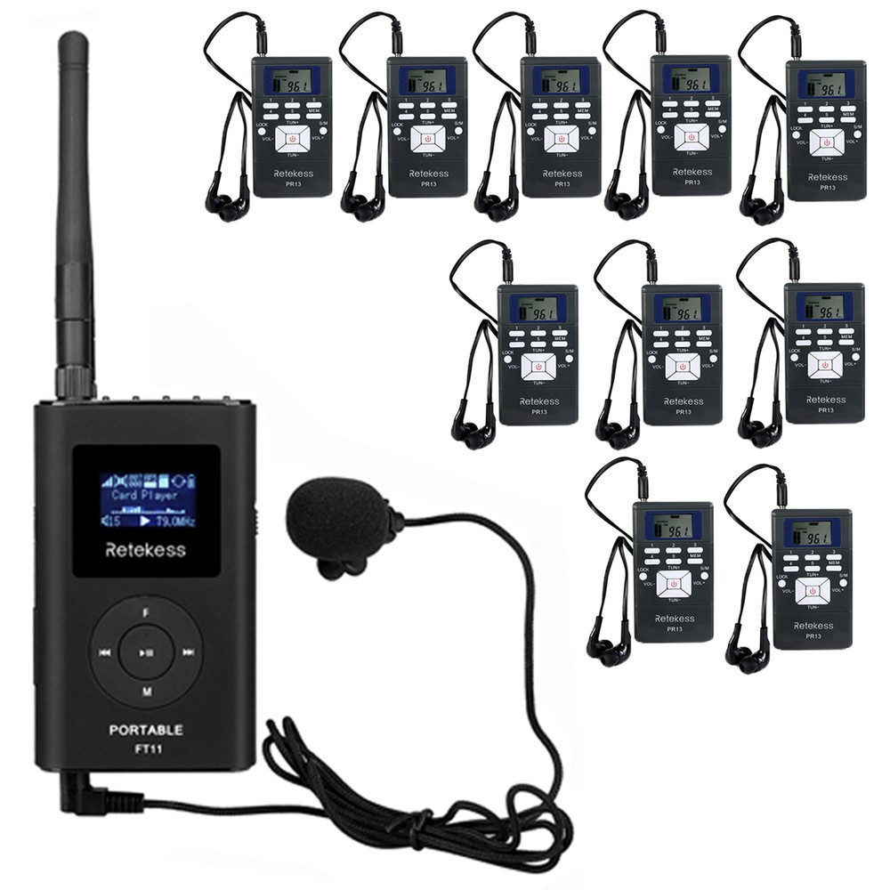 Wireless Tour Guide Audio System Mic Transmitter 10 Receivers for Meeting Church