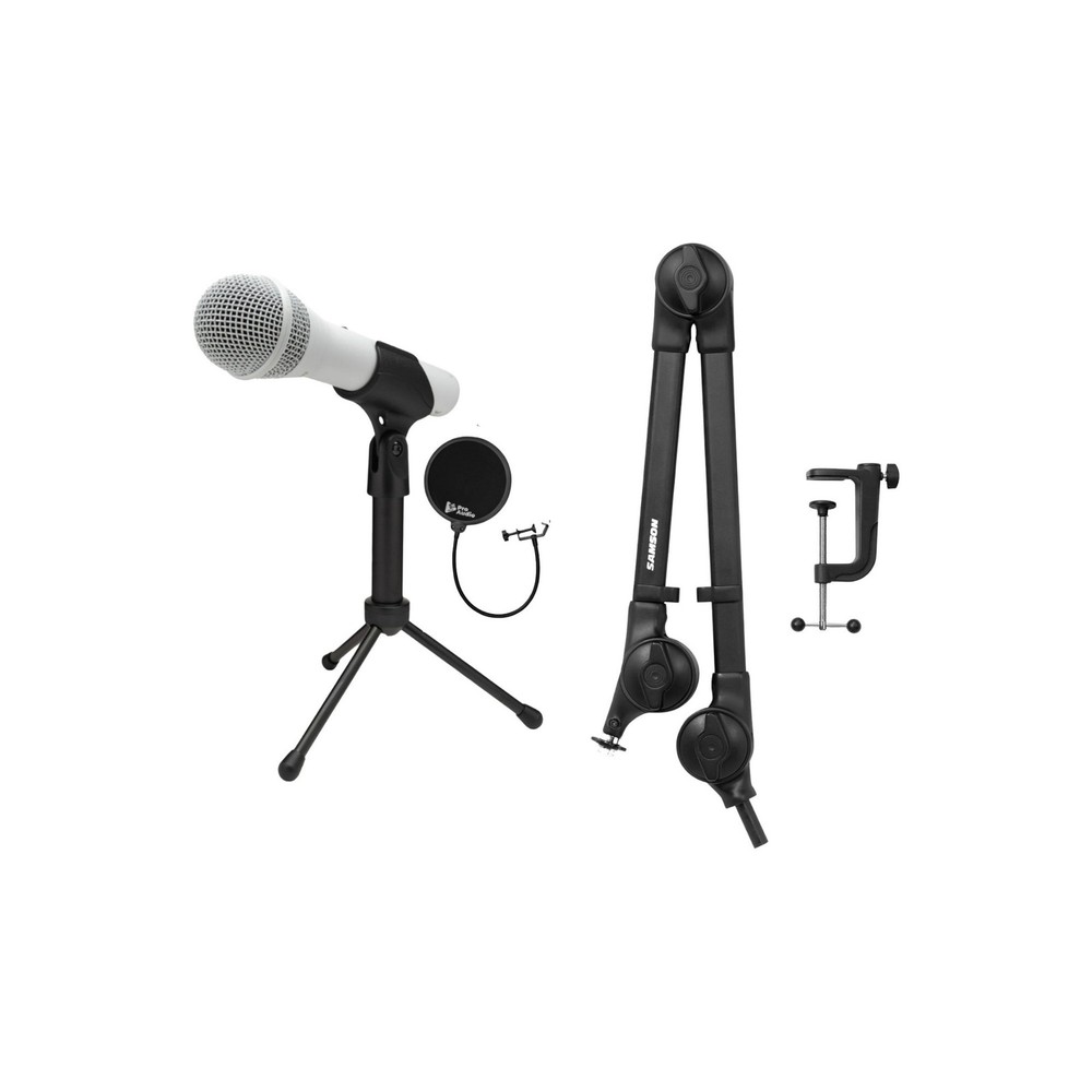 Samson Q2U USB XLR Microphone Boom Arm Microphone Stand Bundle (White)