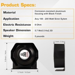 100W Ultra-Slim Siren Speaker, 8 Ohm 108-134dB PA Horn for Emergency Vehicles,