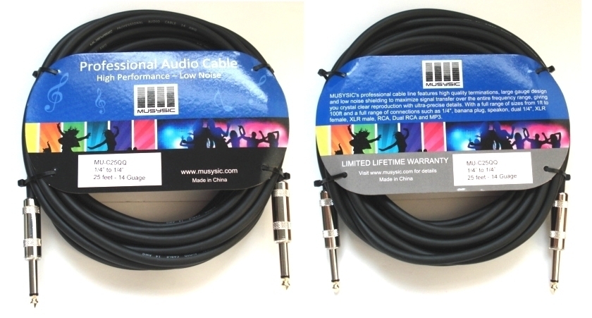 Pair (2 pcs) 25 feet long 1/4″ to 1/4″ 14-Gauge Pro Speaker Audio Cable MUSYSIC
