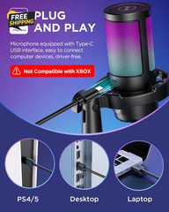 USB Gaming Condenser Microphone RGB Boom Arm Noise Cancelling for PC PS5 Mac