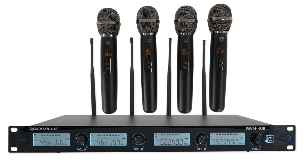 Rockville RWM-4US Quad Wireless UHF 4 Microphone System w/Adjustable Frequency