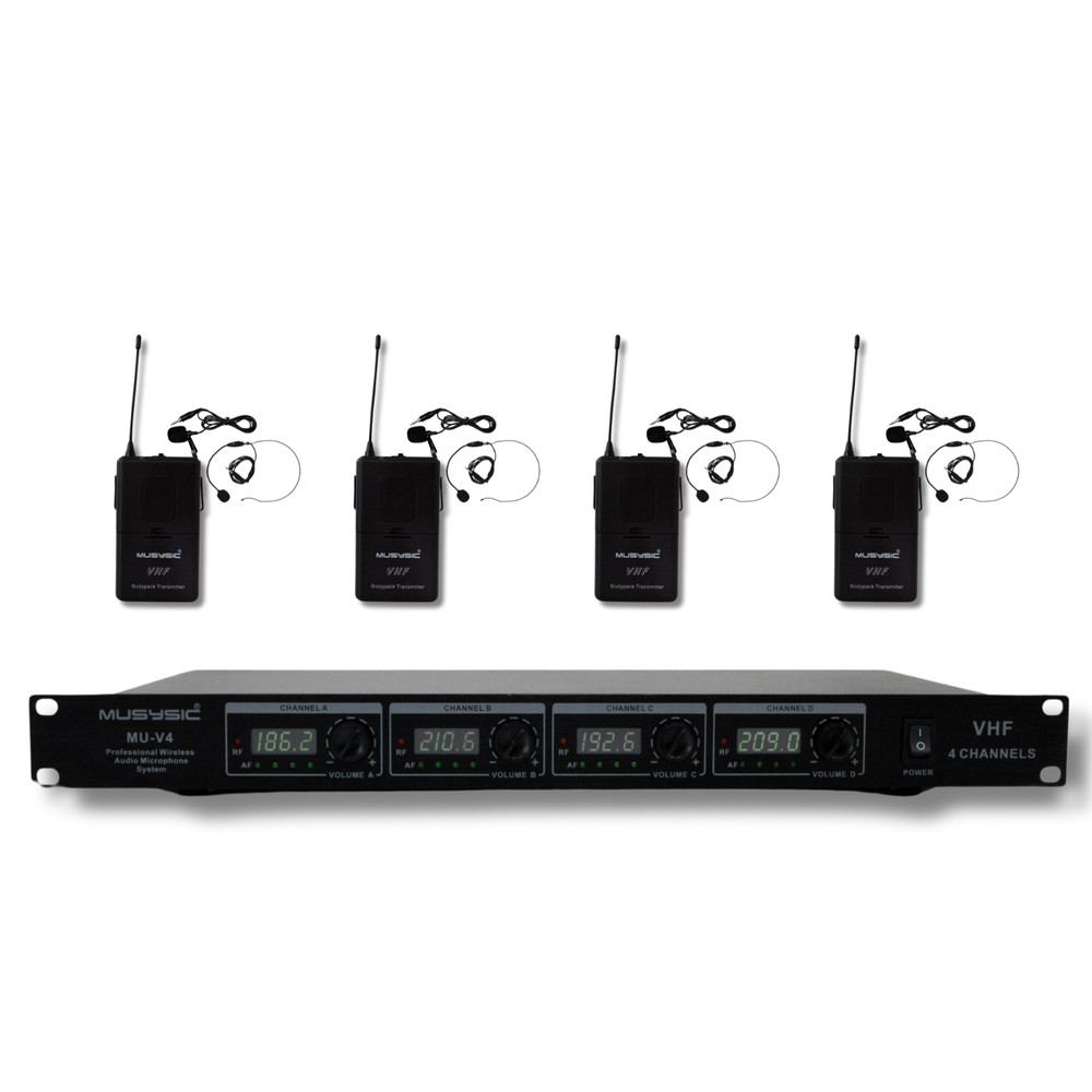 4-Channel Professional VHF Lapel / Lavalier & Headset Wireless Microphone System
