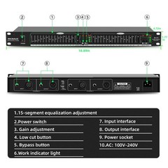 Graphic Equalizer 15-Band Stereo EQ for Home Audio, Dual Channel Professional DJ