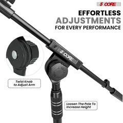 5 Core Microphone Stand 2Pc Floor Adjustable w Telescoping Metal Boom Arm