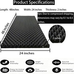 Egg Crate Foam Panel 48x24x2 Black Acoustic Soundproof Wall Panels Recording